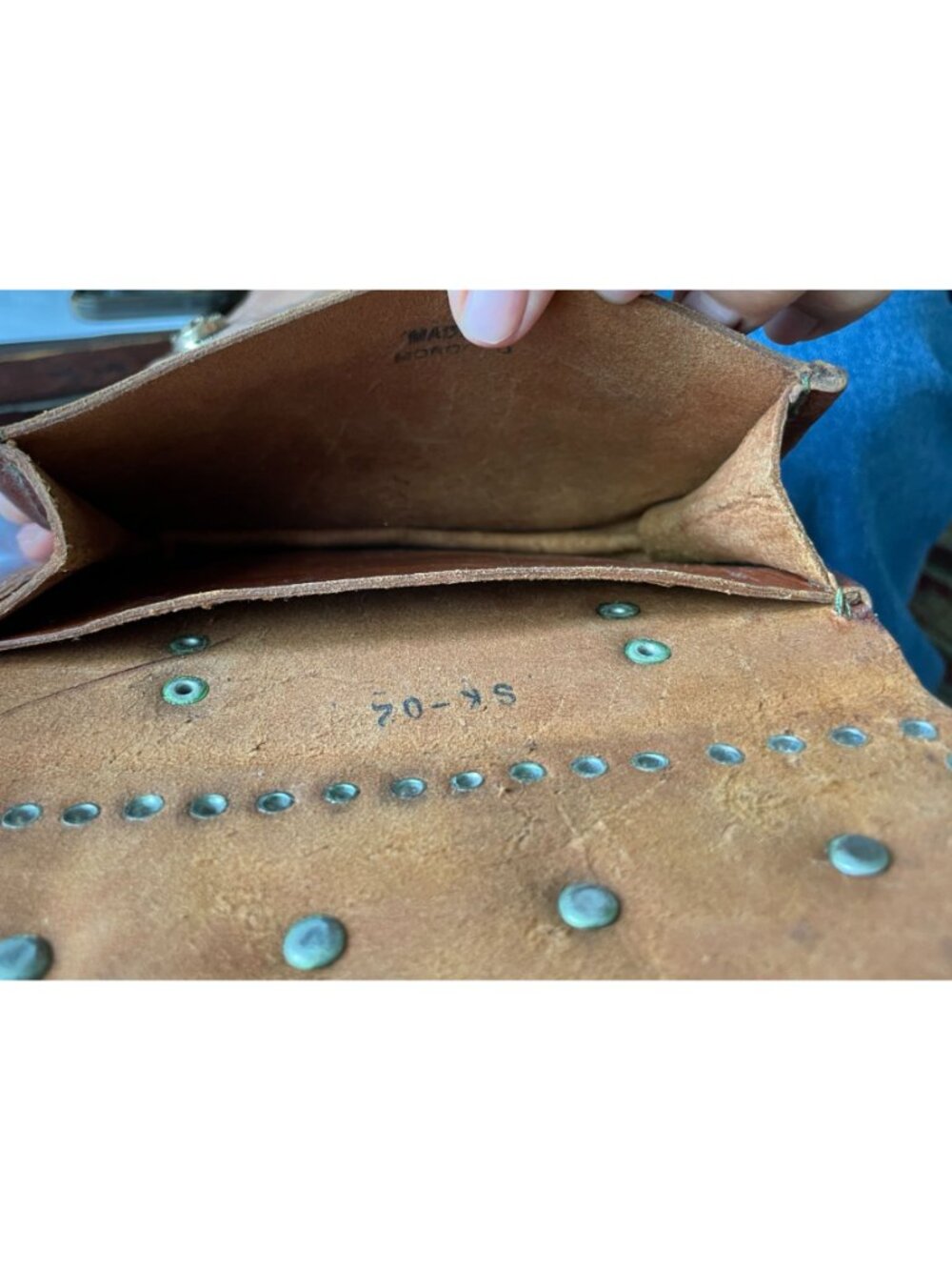 Vintage Moroccan Berber Leather Guerrab Bag Coin Studded Water Carrier 6x8 - Picture 11 of 14